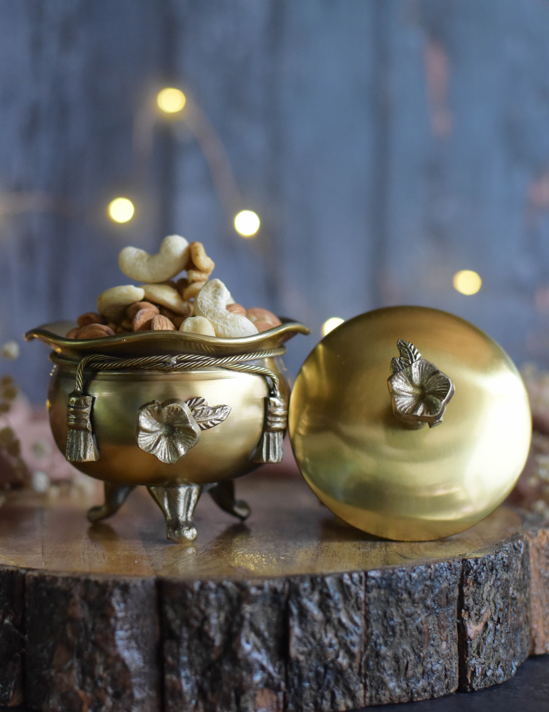 Decorative Brass Bowl with Floral Embellishment & Lid