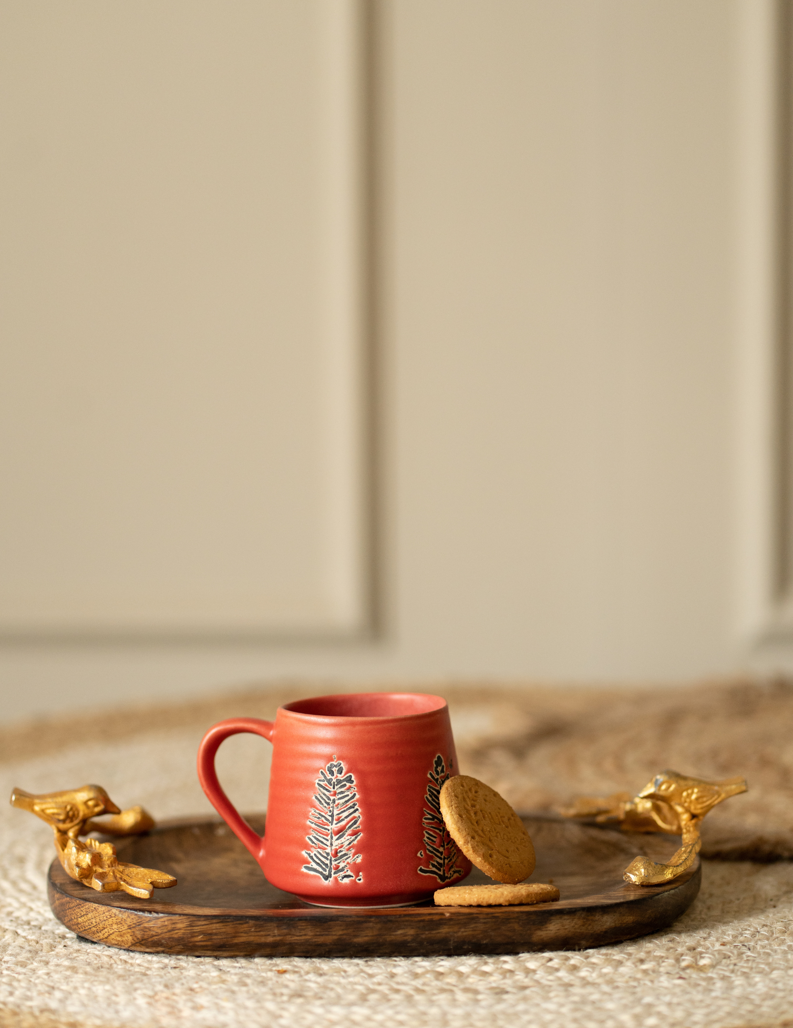 Red Mug With Hand Carved Tree Pattern