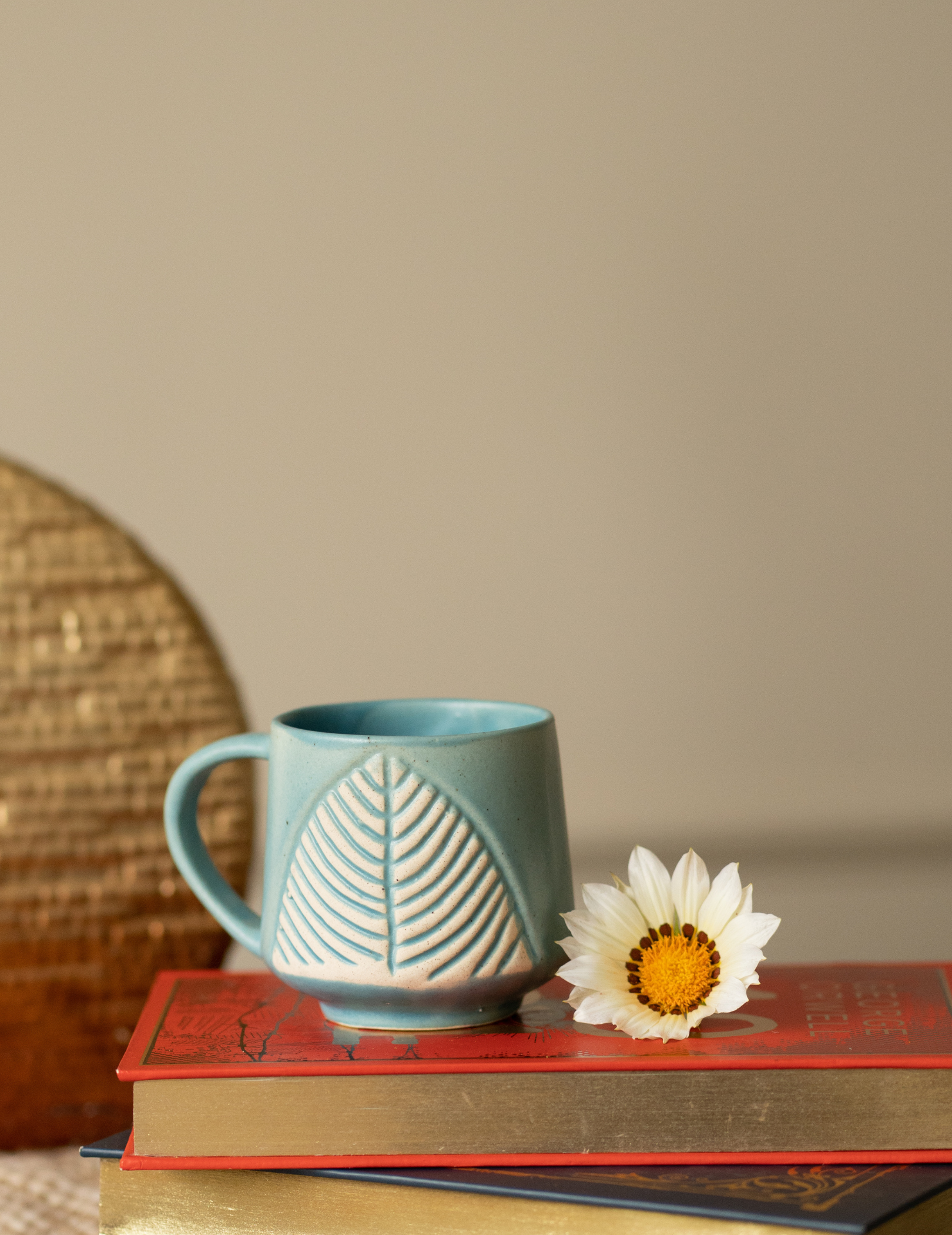 Sky Blue Mug With Hand Carved Leaf