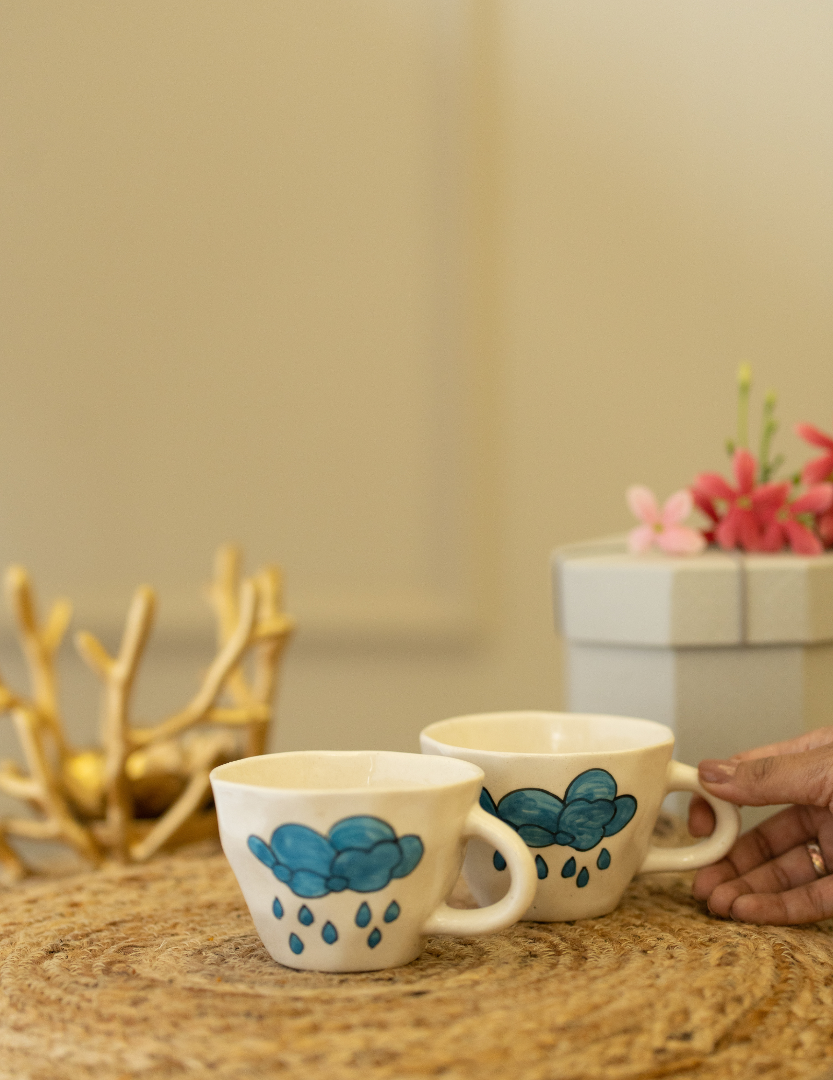 White Mug With Hand Painted Blue Clouds Set