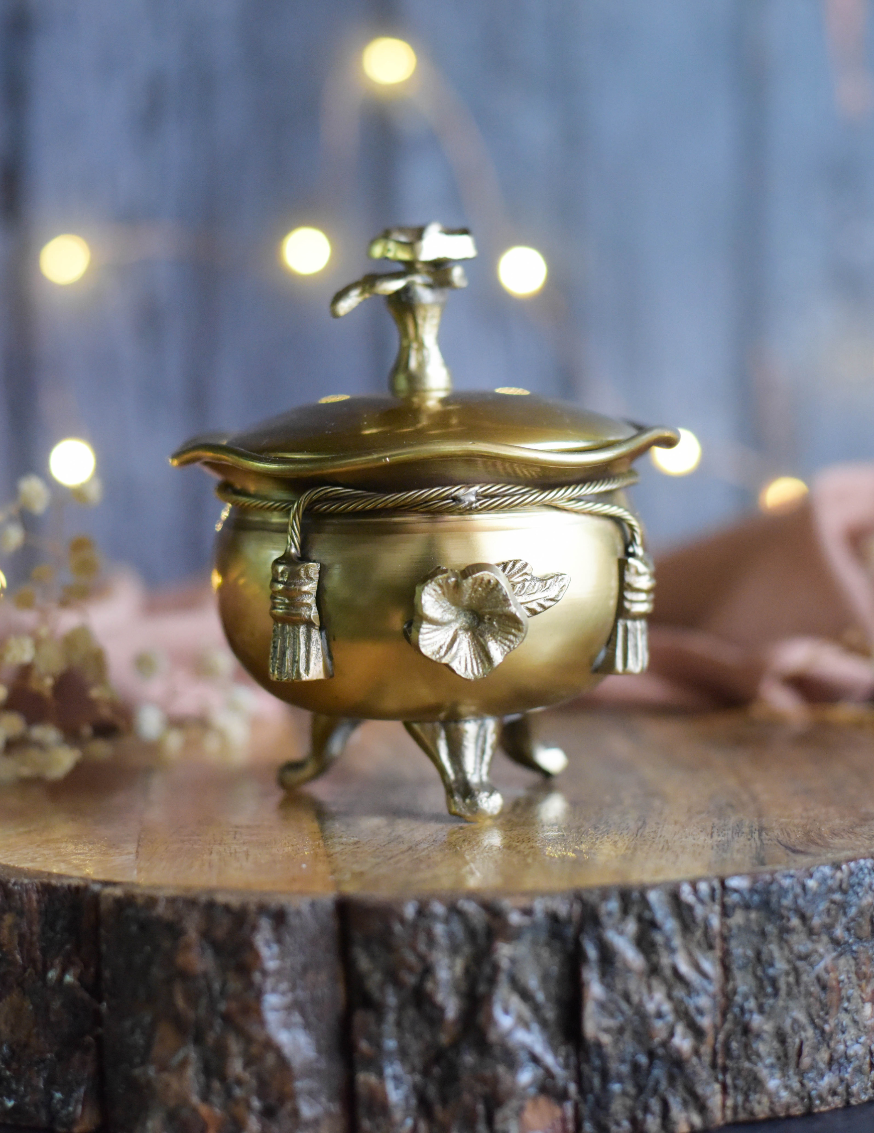 Decorative Brass Bowl with Floral Embellishment & Lid