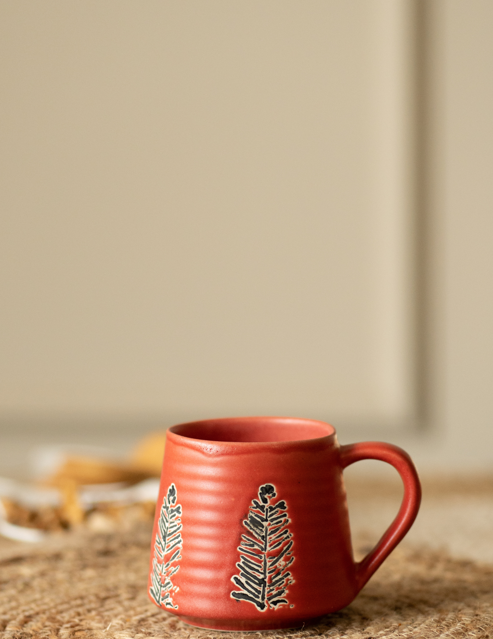 Red Mug With Hand Carved Tree Pattern